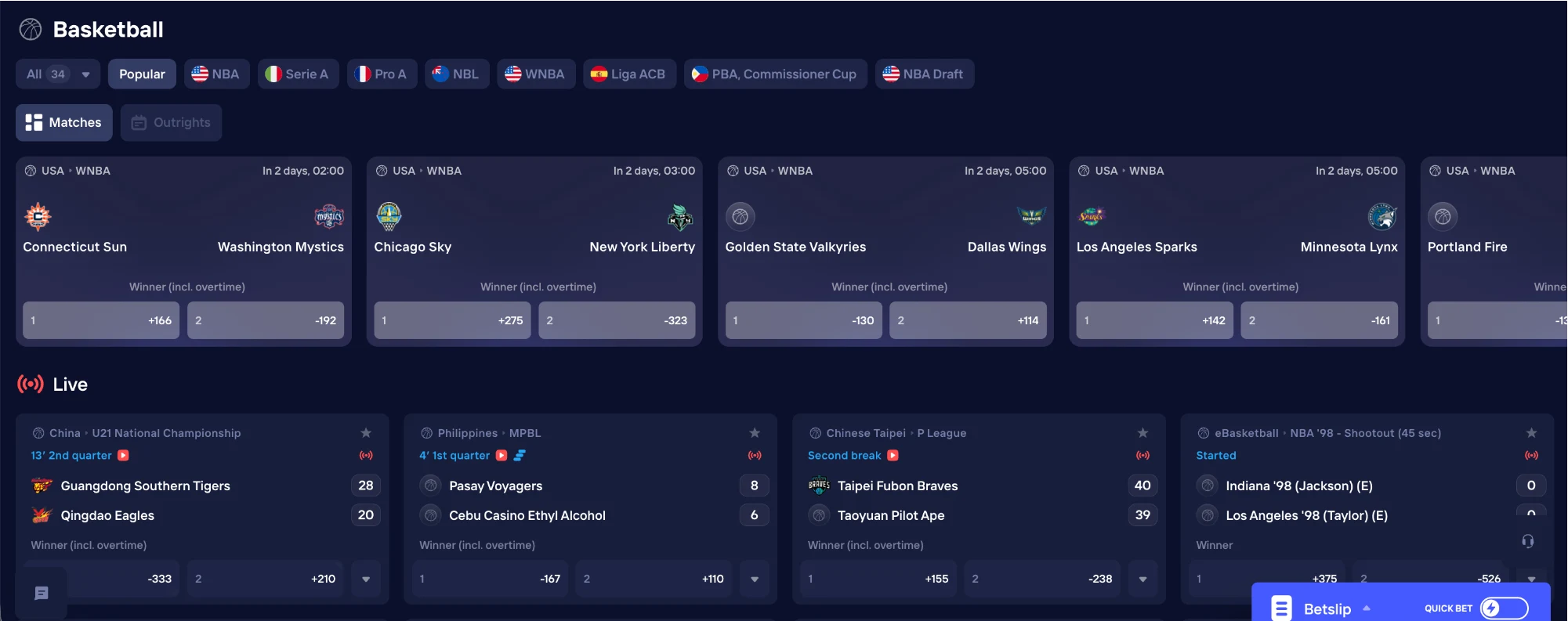 Duel sportsbook basketball board with WNBA pre-match winner markets, live quarter-by-quarter scores, and in-play odds across global leagues