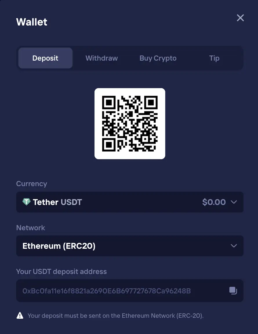 Duel wallet deposit screen with USDT currency, Ethereum ERC-20 network, QR code and deposit address