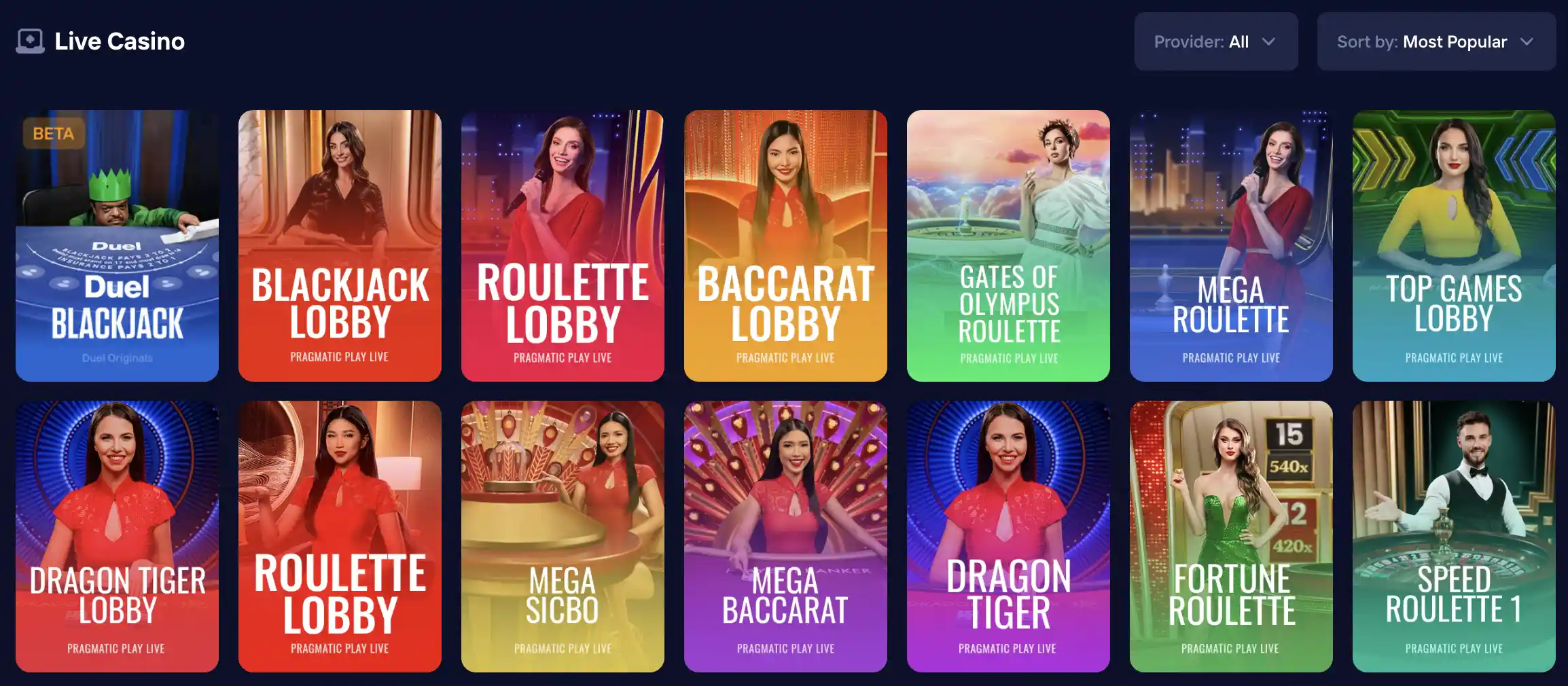 Duel live casino lobby with Duel Blackjack, Pragmatic Play Live blackjack, roulette, baccarat and game show tables
