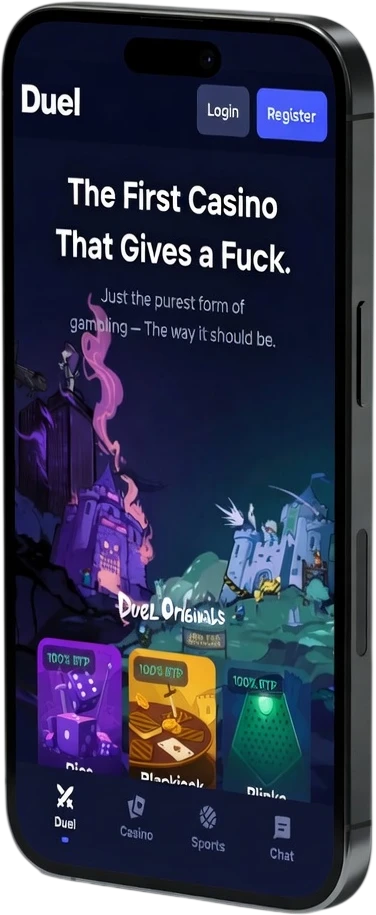 Duel casino mobile browser with Originals tiles, Login and Register buttons, and bottom navigation for Duel, Casino, Sports and Chat