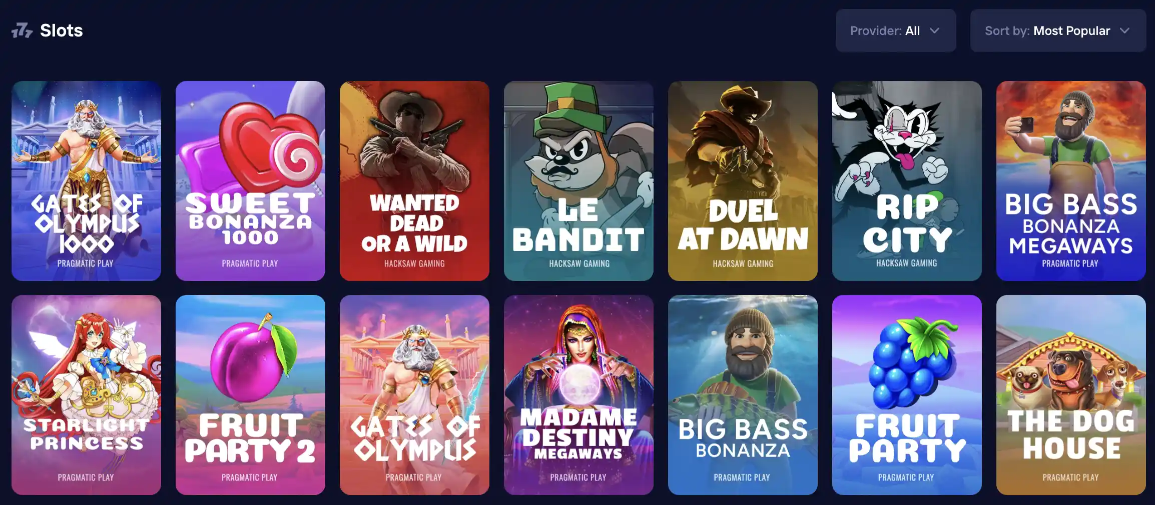 Duel casino slots lobby with Pragmatic Play and Hacksaw Gaming titles including Gates of Olympus 1000, Sweet Bonanza 1000, Wanted Dead or a Wild and Le Bandit