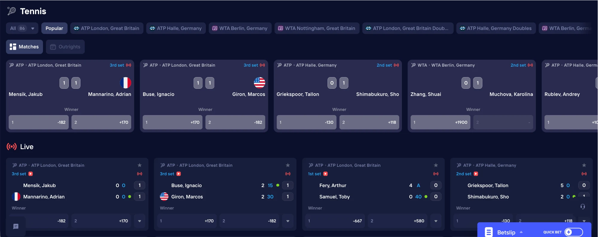 Duel sportsbook tennis board with ATP and WTA live match cards, set scores, winner odds, and in-play point-by-point markets