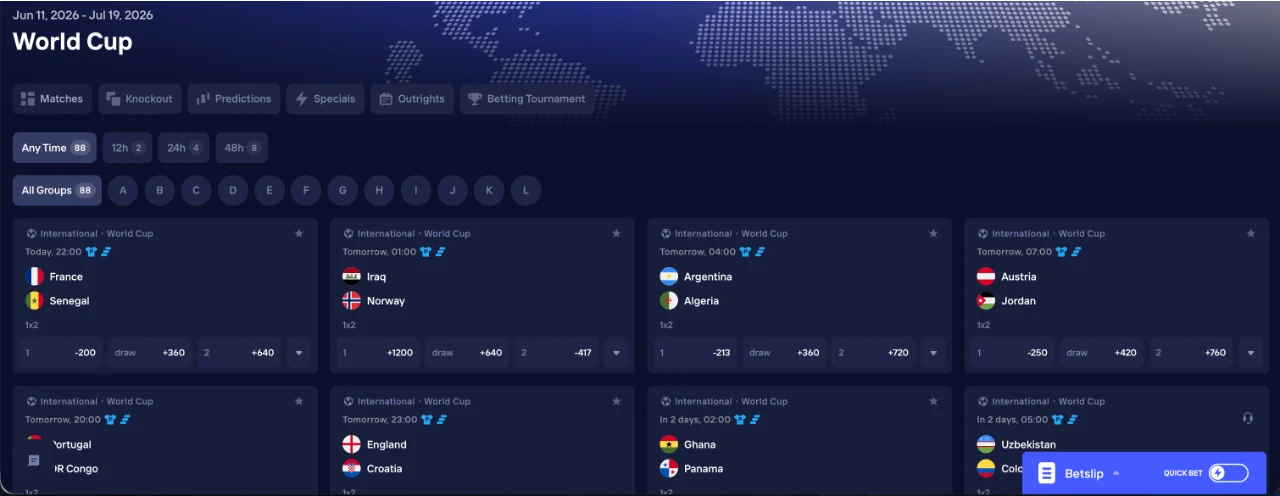 Duel sportsbook World Cup 2026 football markets: group-stage fixtures with nation flags, pre-match 1X2 odds, and filters by kick-off time and tournament group